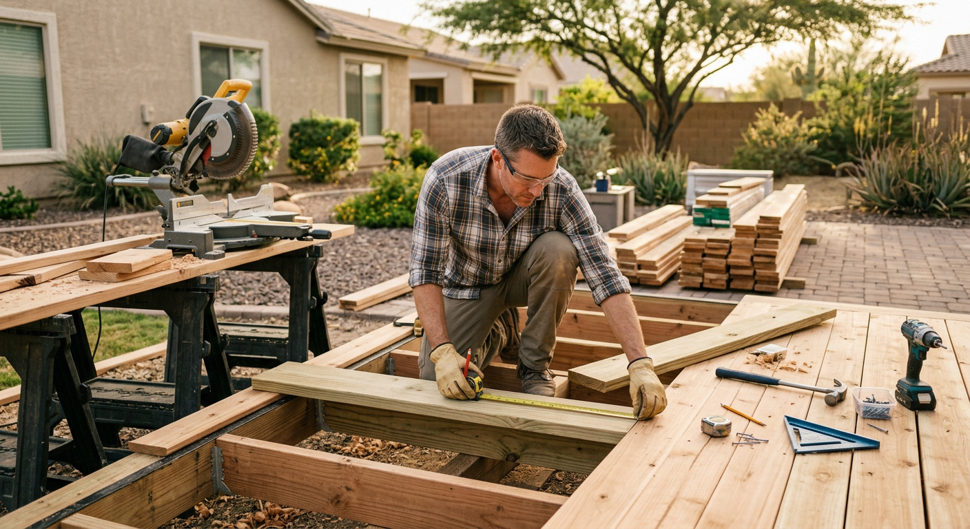 Contractor measuring and building a custom backyard deck